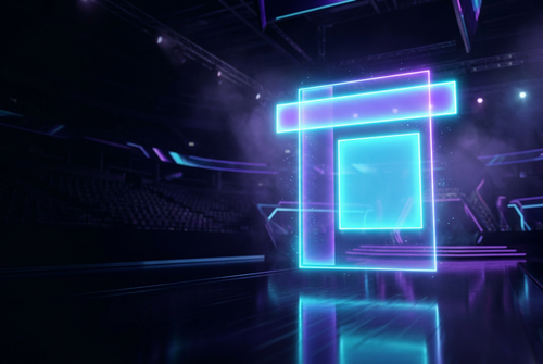 Glowing neon blog page with blank banner and ad box in a dark arena