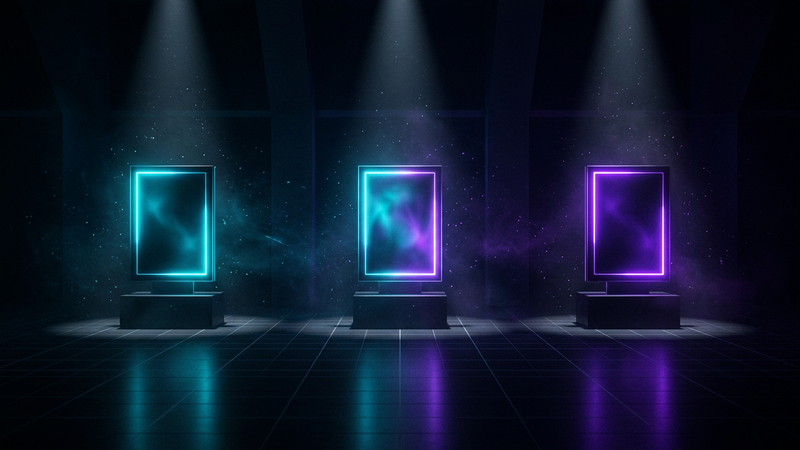 Three glowing premium partner plaques on a dark stage with a spotlight on each