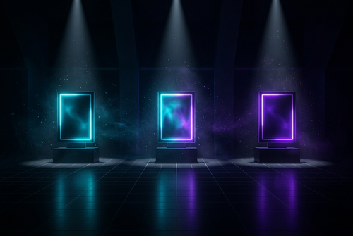 Three glowing premium partner plaques on a dark stage with a spotlight on each