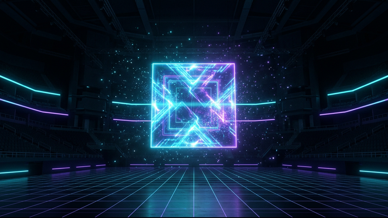 A glowing square holographic billboard panel floating in a dark esports arena