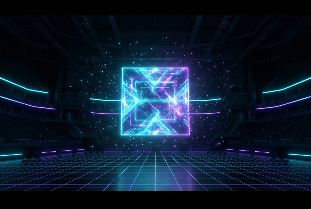 A glowing square holographic billboard panel floating in a dark esports arena