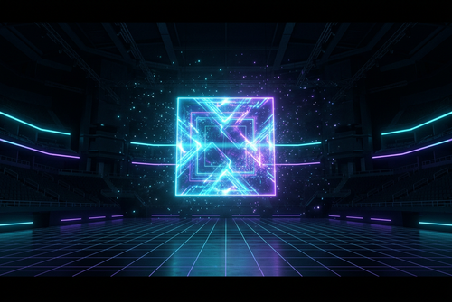 A glowing square holographic billboard panel floating in a dark esports arena