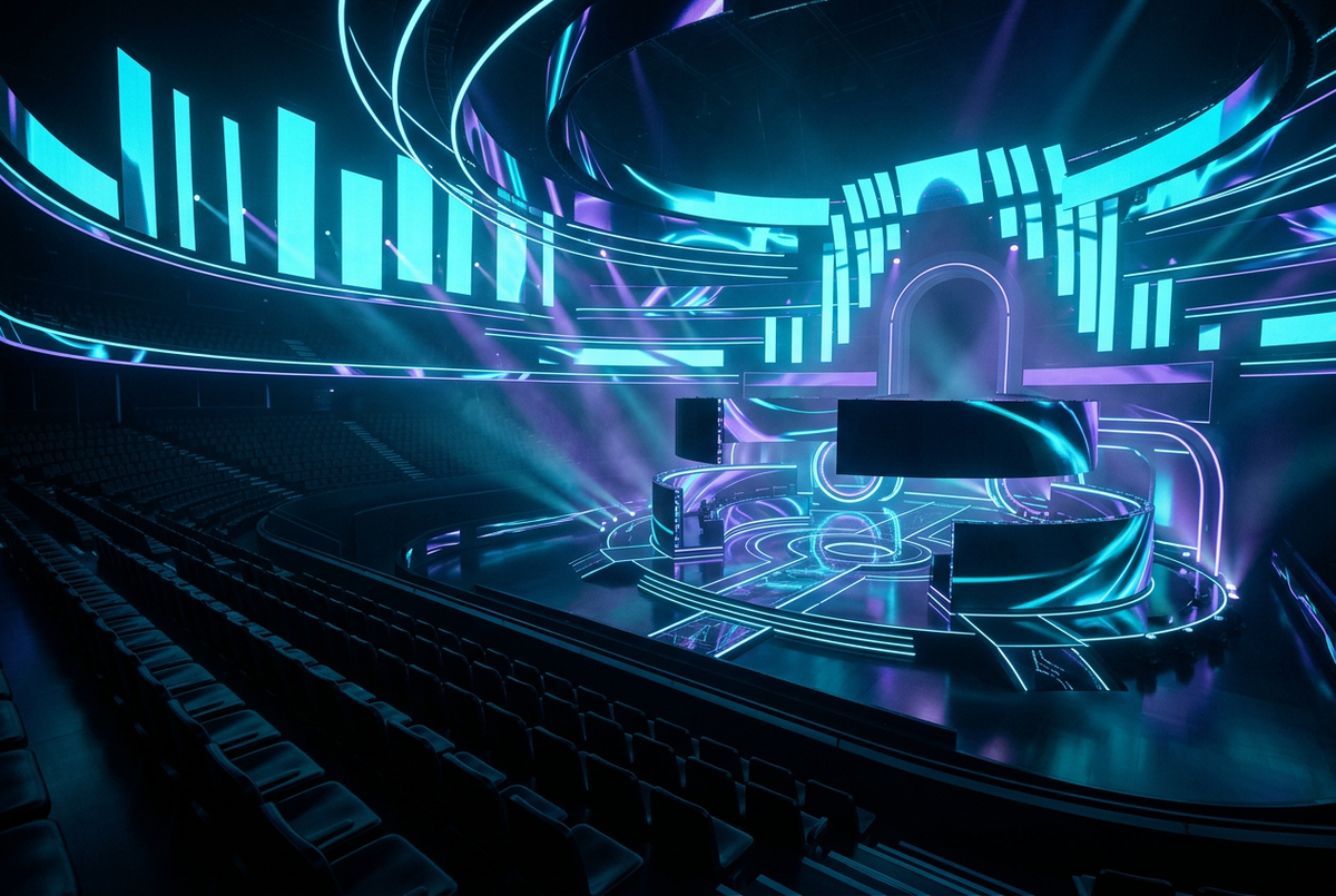 Abstract neon esports arena with glowing blank billboard screens on a dark obsidian background
