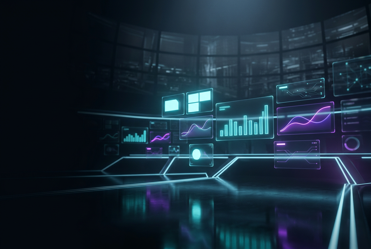 Abstract neon dashboard panels glowing over a dark obsidian background