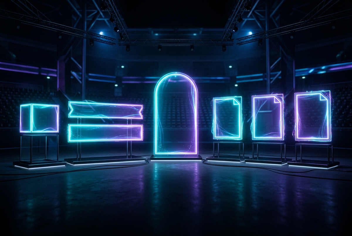 Seven glowing blank ad panels of different shapes on stands in a dark esports arena