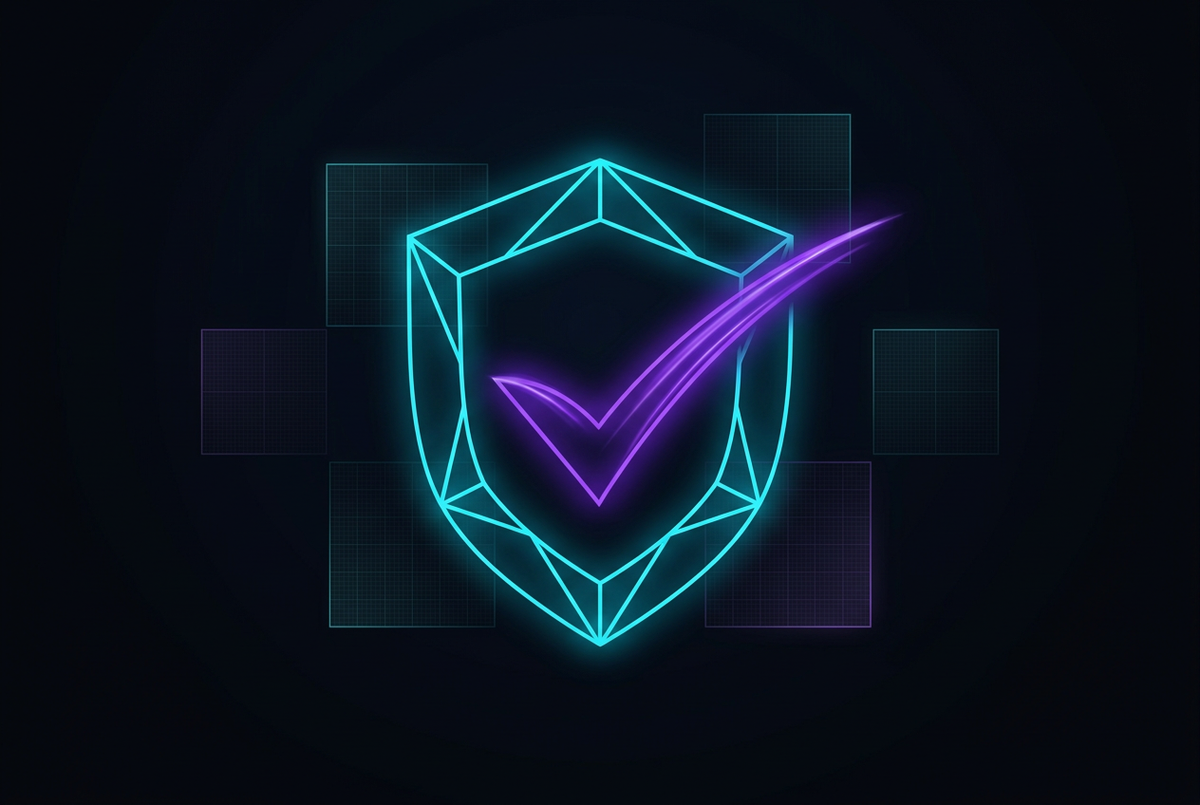Abstract neon cyan and violet shield shape made of light on a dark obsidian background