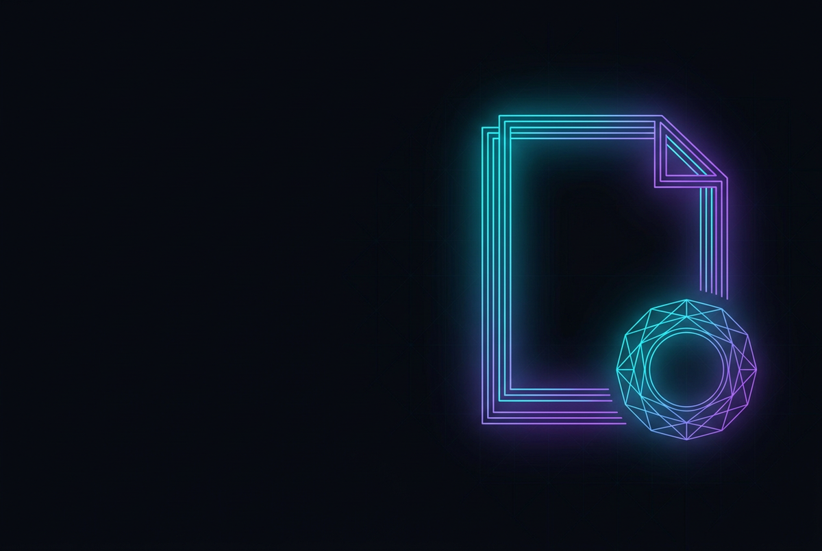 Abstract neon cyan and violet contract lines glowing on a dark obsidian background