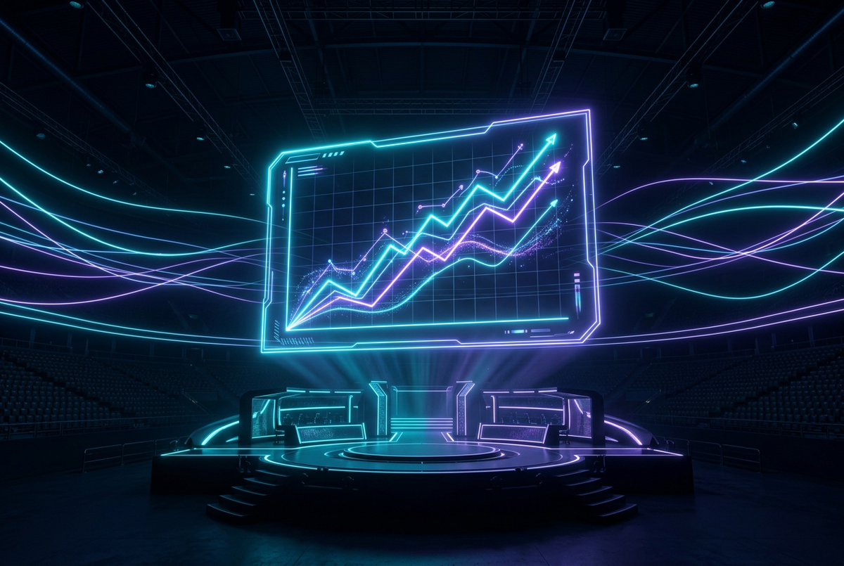 Holographic article page and rising rank chart above a neon esports stage
