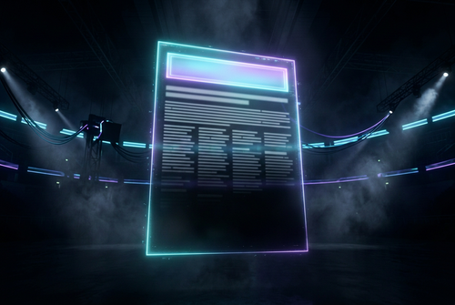Holographic article with a wide glowing banner across the top