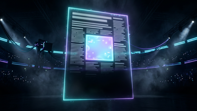 Holographic article with a glowing square ad box mid-page