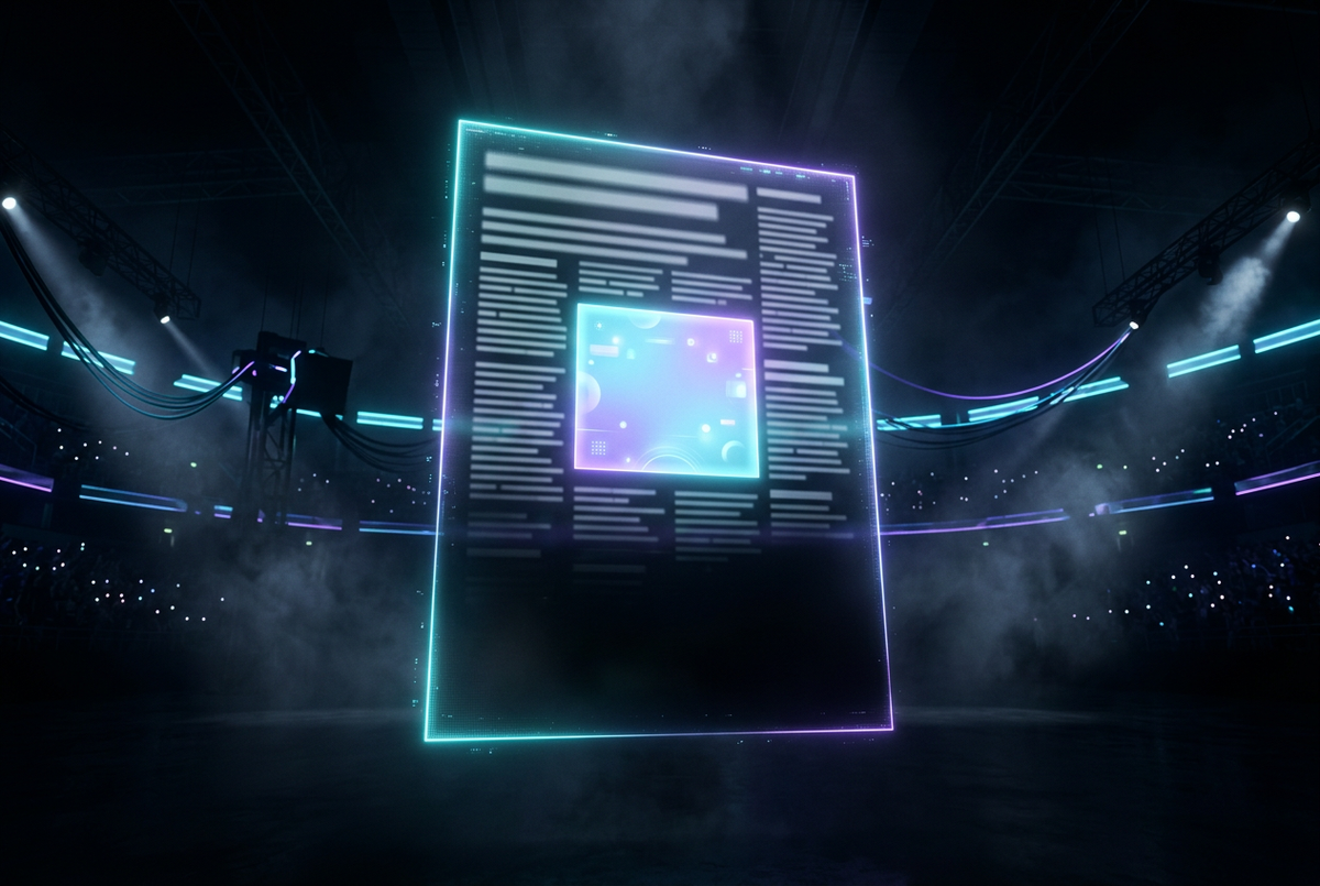 Holographic article with a glowing square ad box mid-page