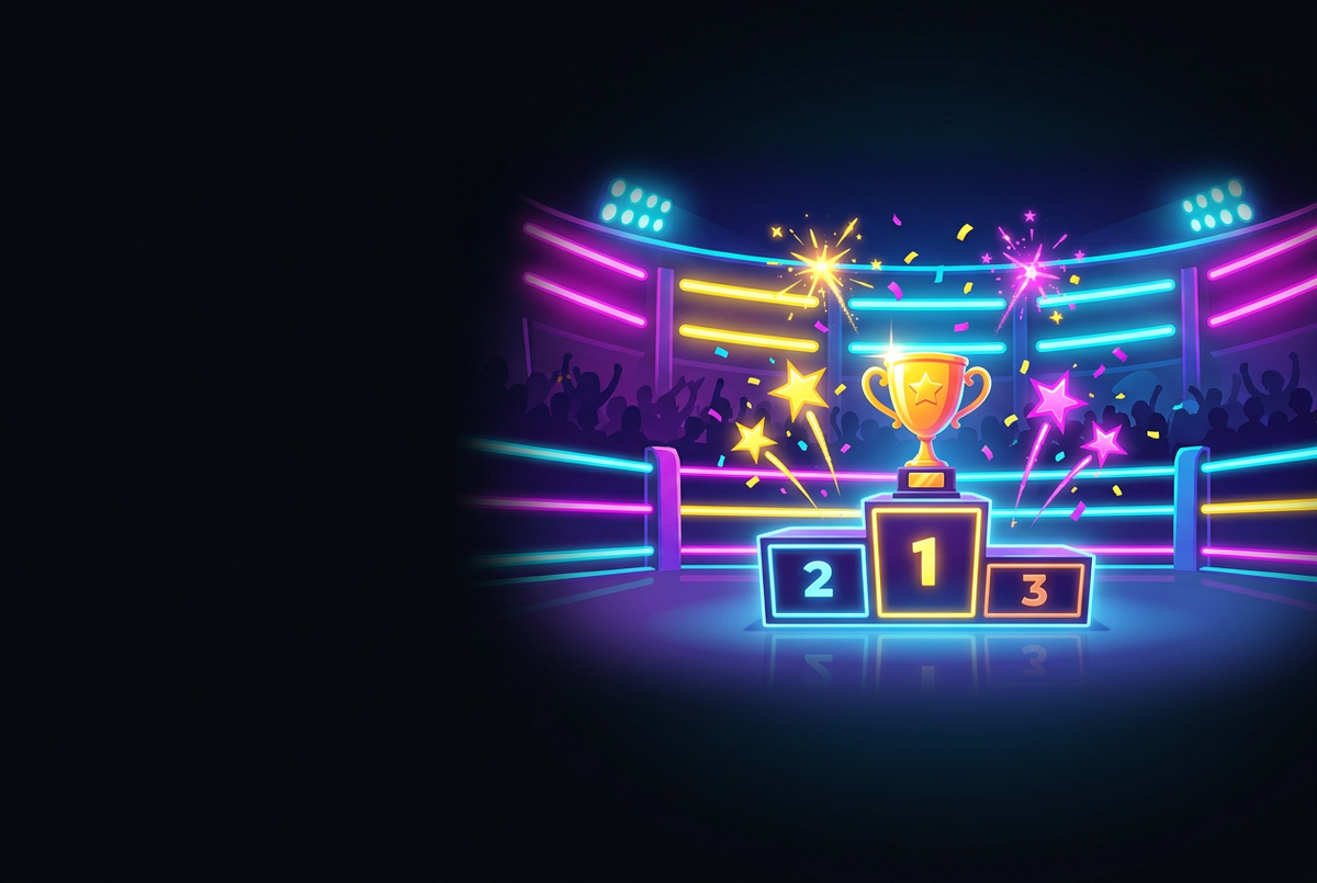 Neon arena floor with glowing trophy columns and a row of Brawler card silhouettes