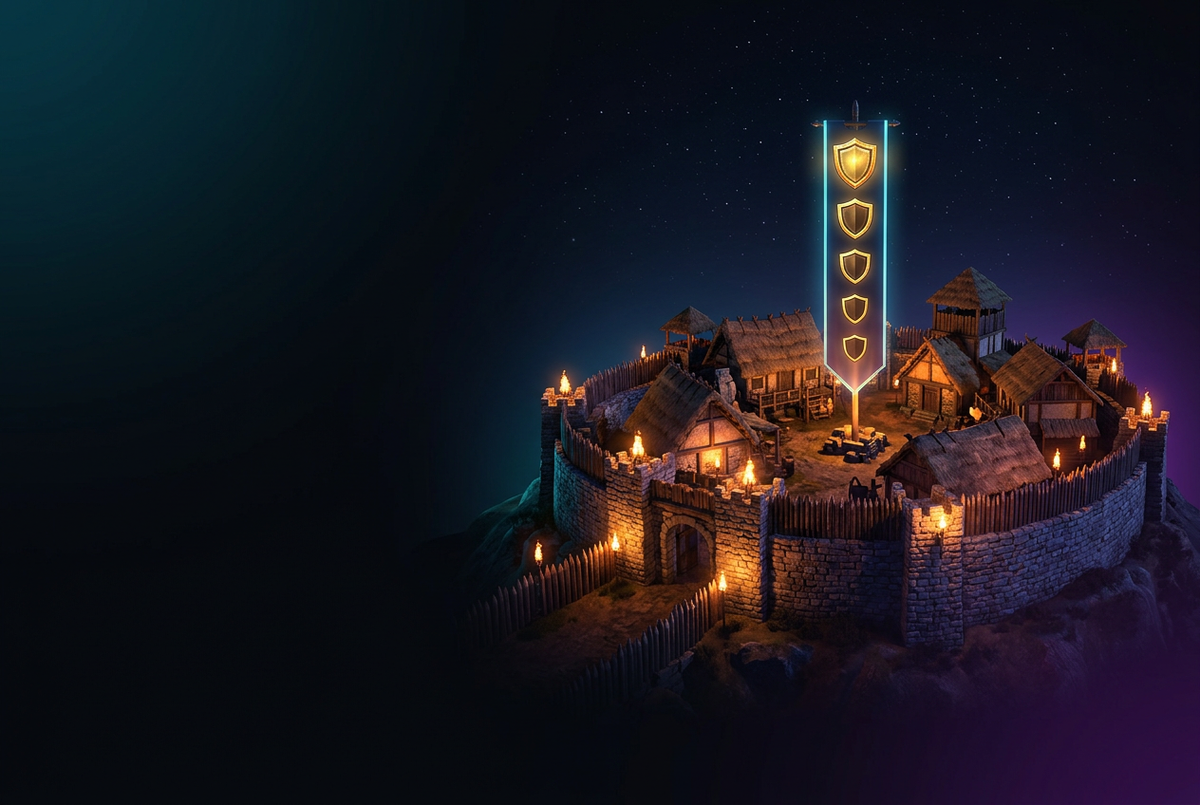 Glowing village walls and a Town Hall silhouette under a dark sky with league banners