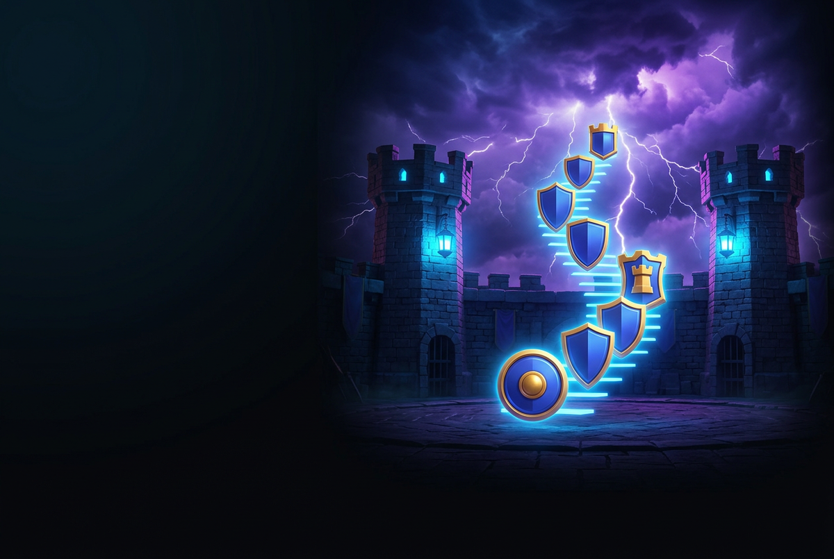 Glowing crown towers on either side of a neon arena bridge under a dark sky