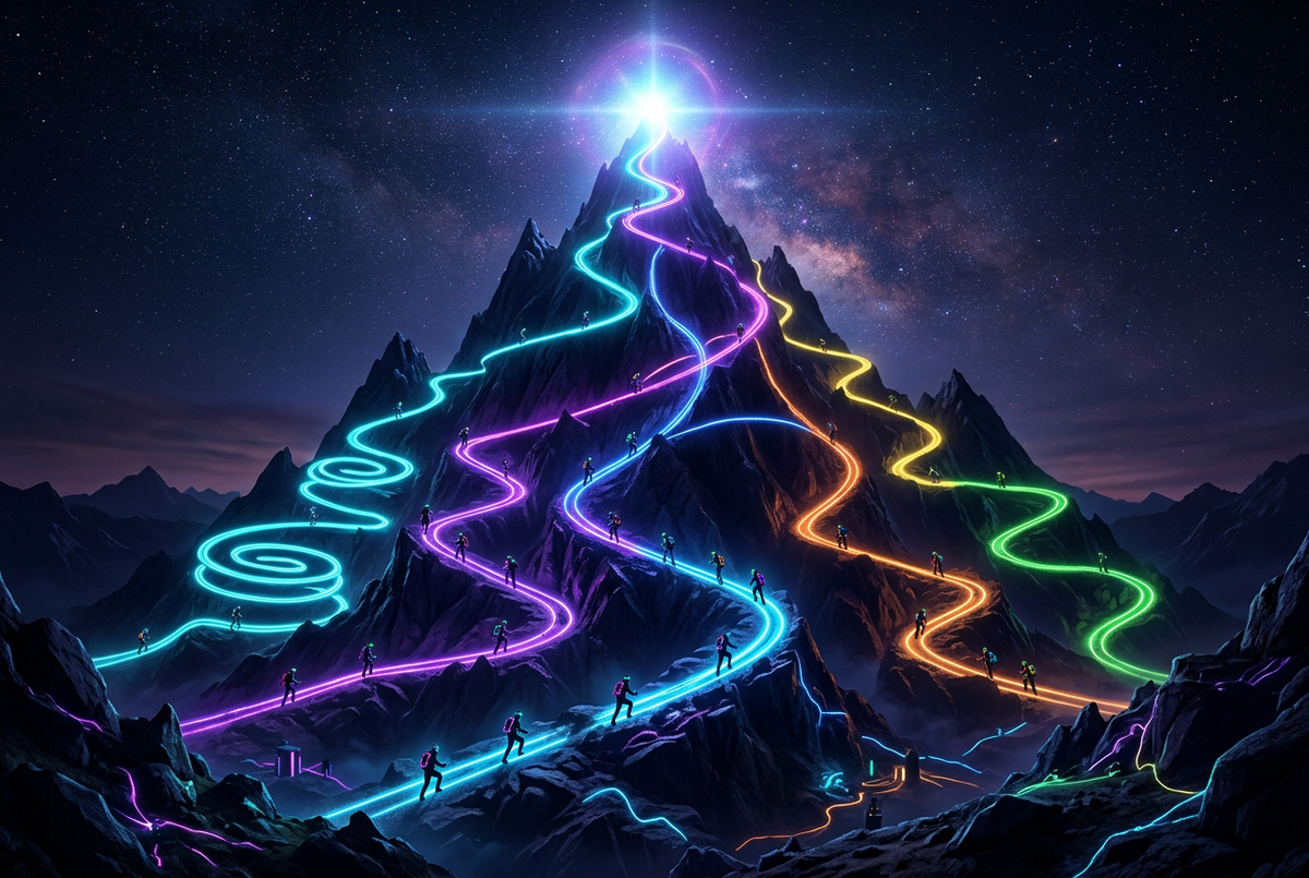 Seven glowing paths winding up a dark mountain toward a bright summit beacon in neon cyan and violet