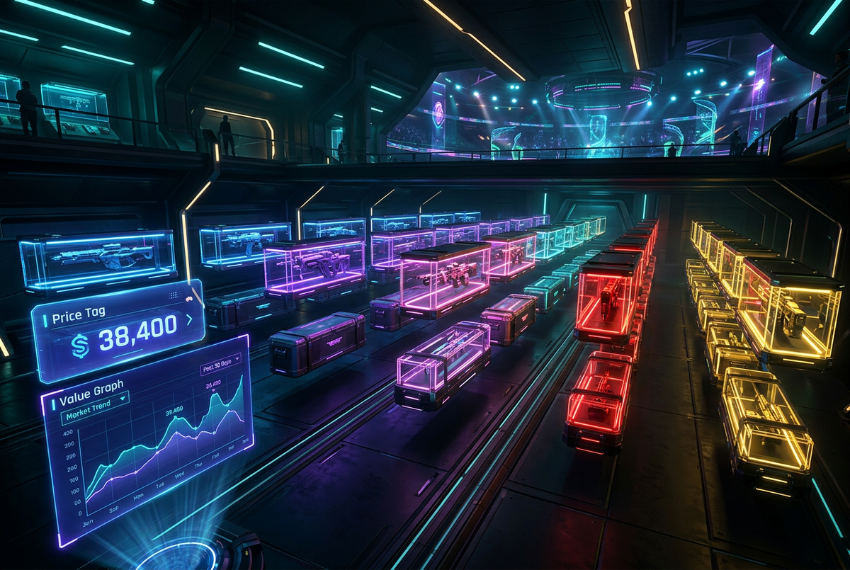 Holographic vault of glowing gear display cases with rarity light strips and a value graph