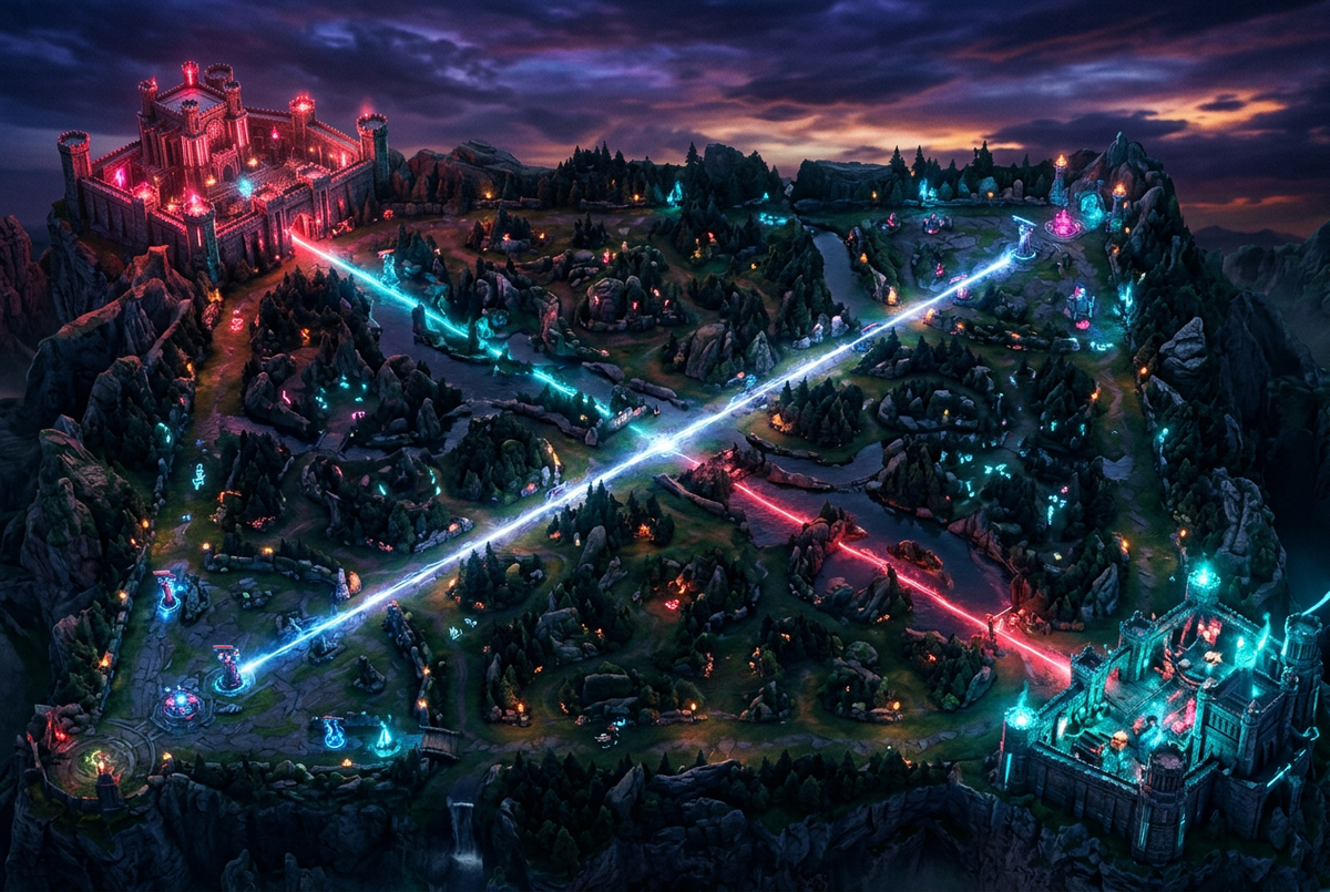 Aerial view of an original fantasy battle arena at dusk with two glowing fortresses linked by crimson and cyan lanes