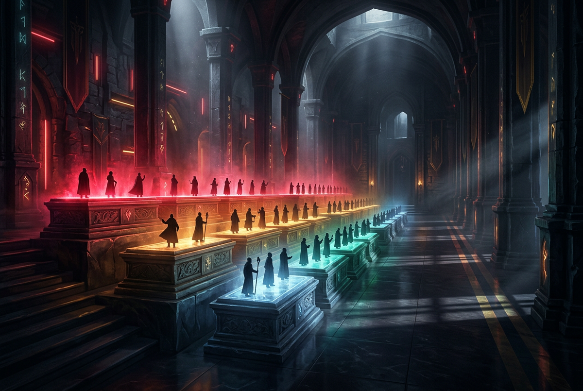 Five rows of glowing tiered stone pedestals from crimson to blue with cloaked silhouettes in a dark hall