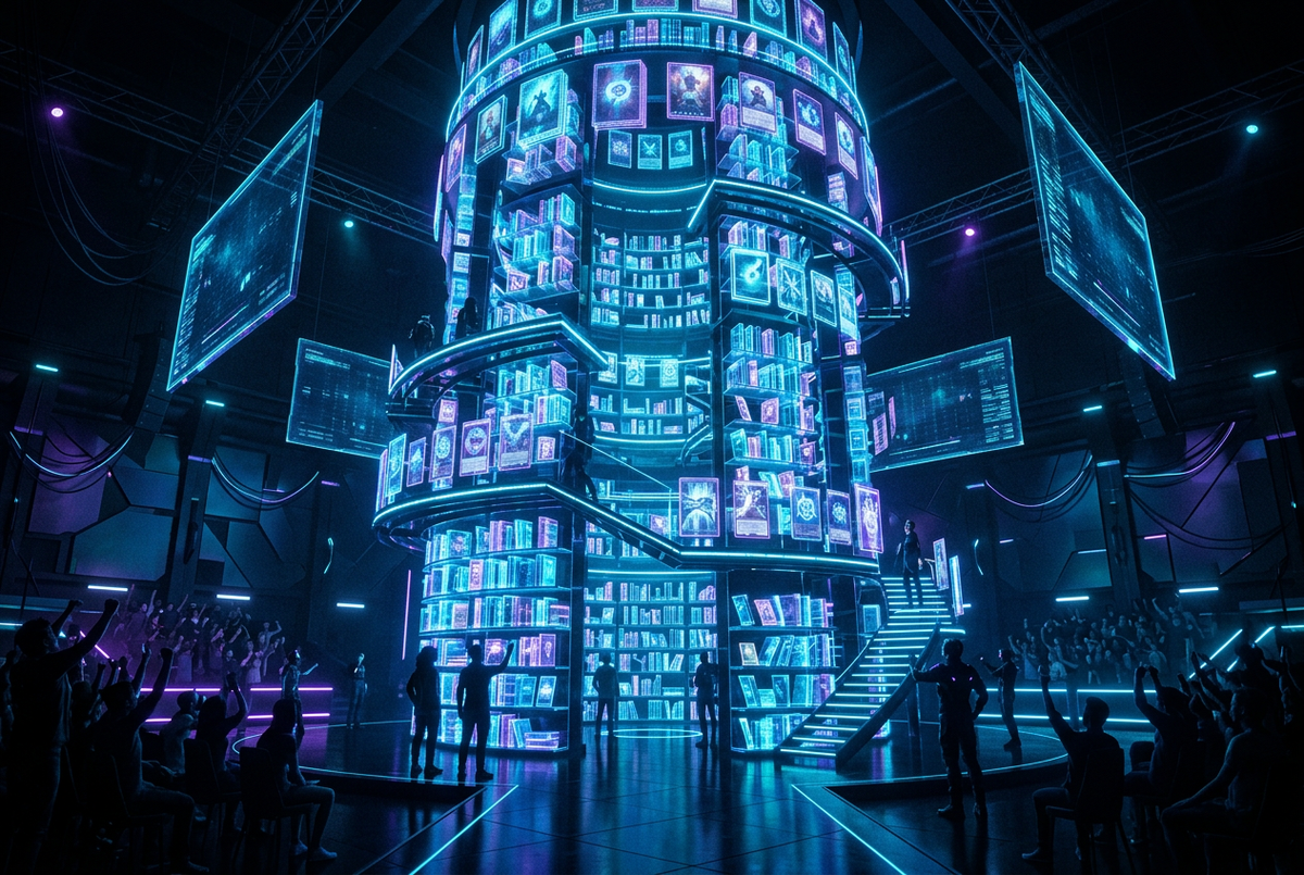 Towering glowing library of holographic books and screens in a dark esports hall
