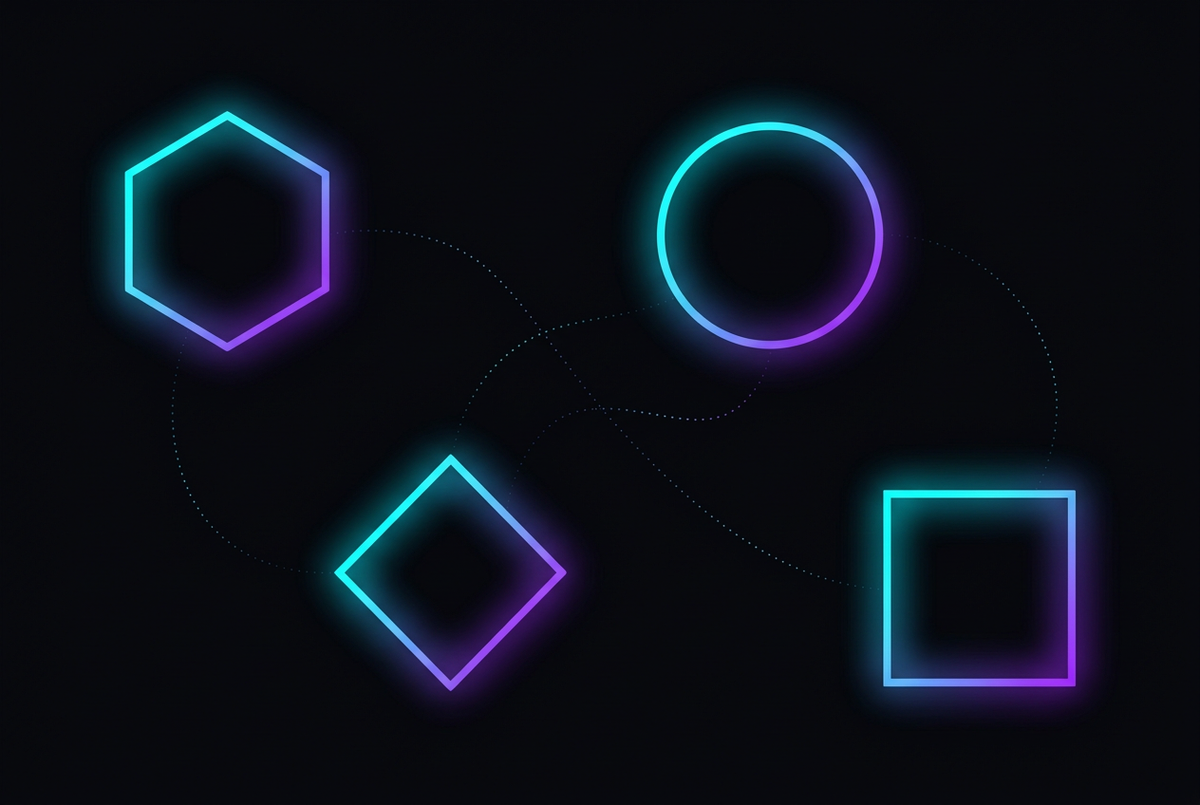 Abstract neon cyan and violet geometric outlines floating apart on a dark obsidian background