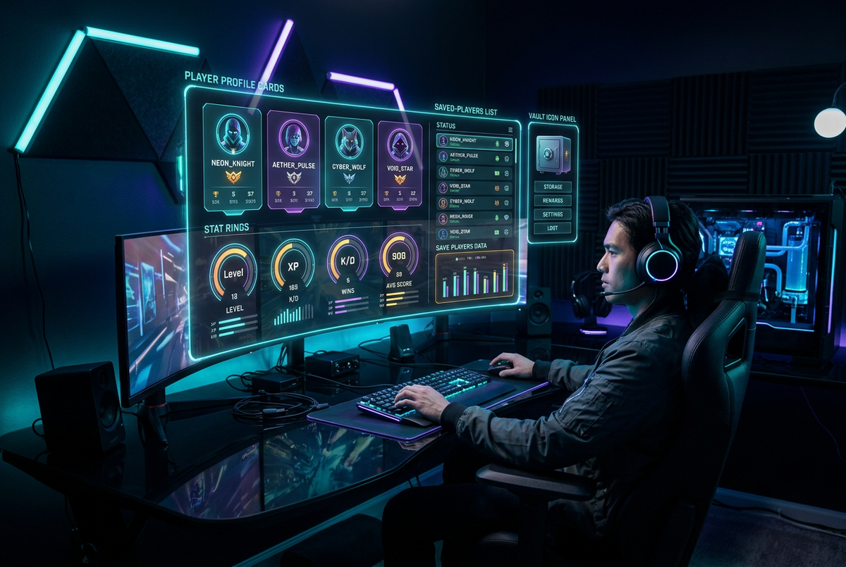 Holographic gaming command center dashboard with player cards and stat rings