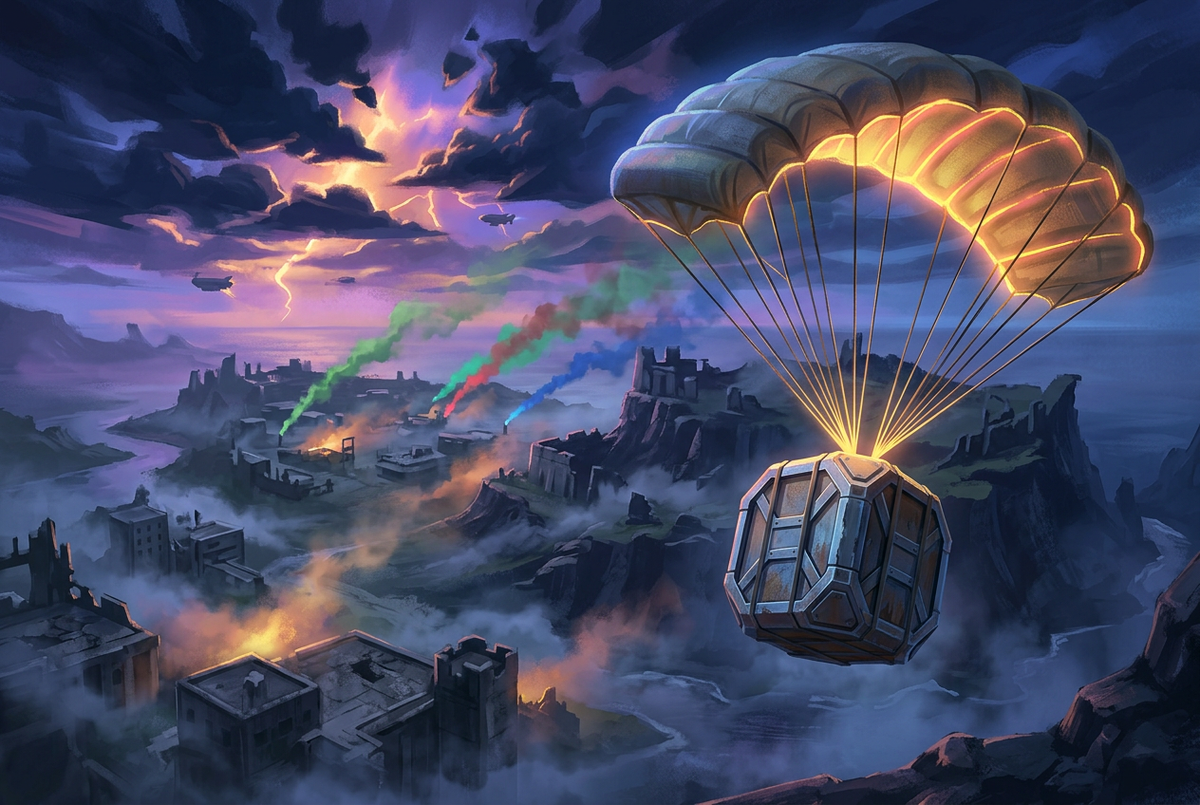 Glowing supply crate parachuting over a misty ruined island battlefield at dusk with colored flare smoke
