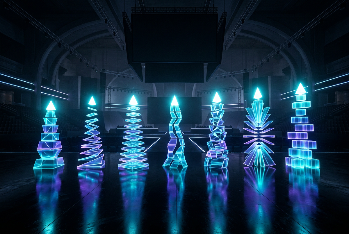 Seven glowing rank ladders of different shapes standing in a dark esports hall
