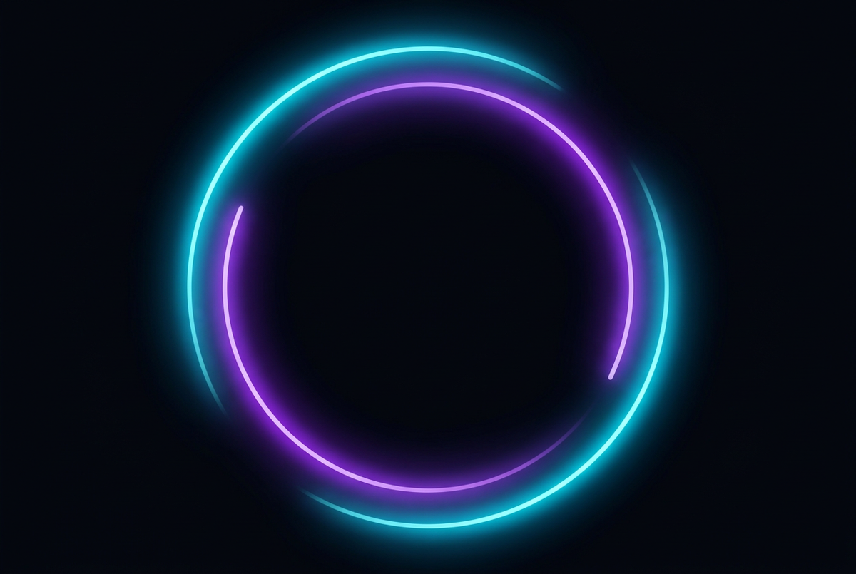 Abstract neon cyan and violet circular arcs of light on a dark obsidian background