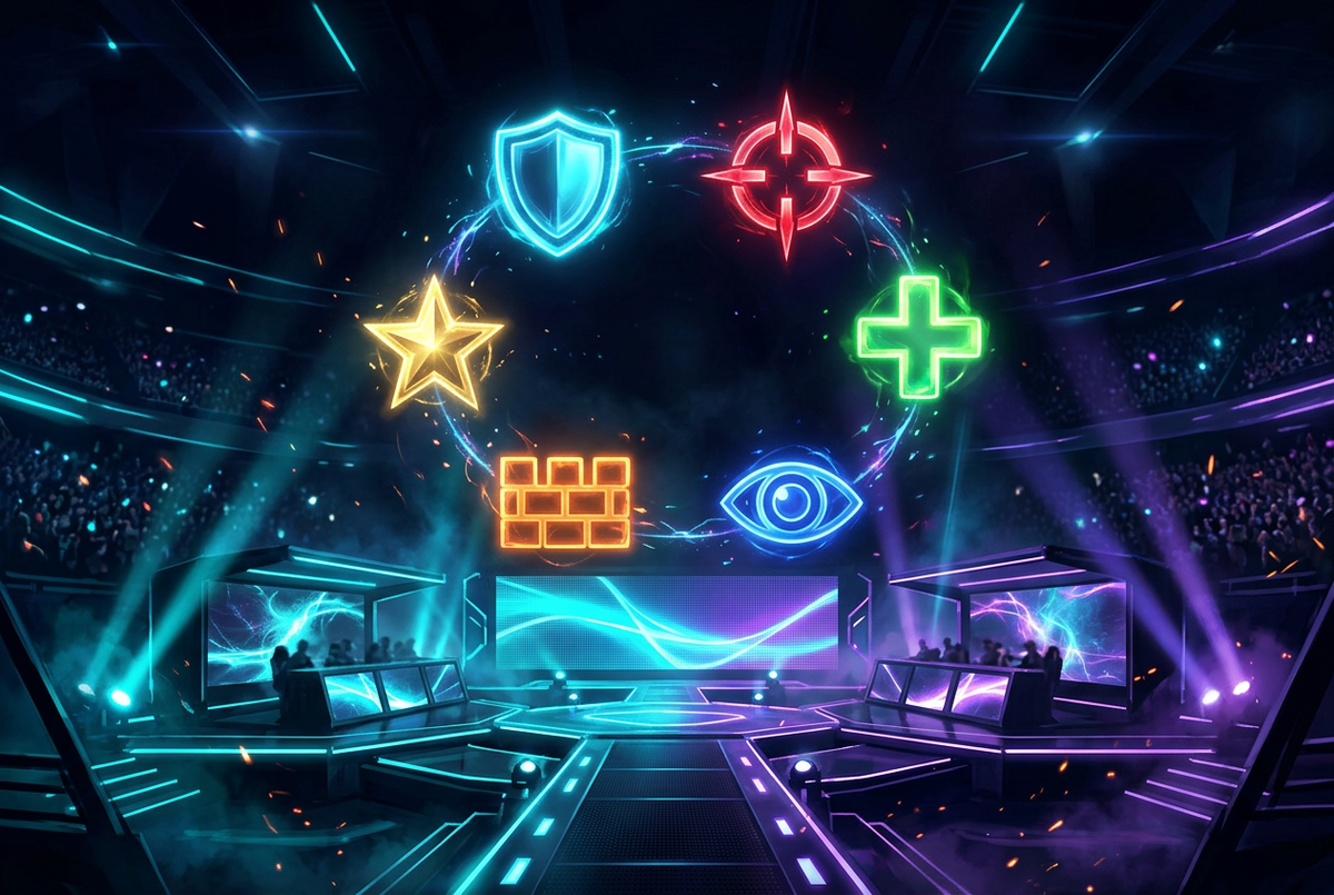Six glowing role symbols, a shield, crosshair, plus, eye, wall and star, circling above a dark esports stage