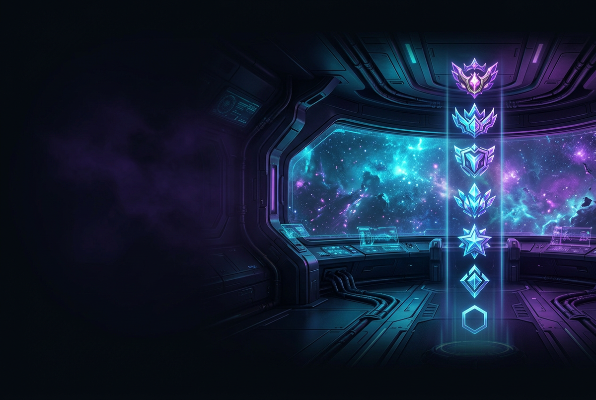 Glowing hexagonal ladder of seven league crests rising above a dark starfield