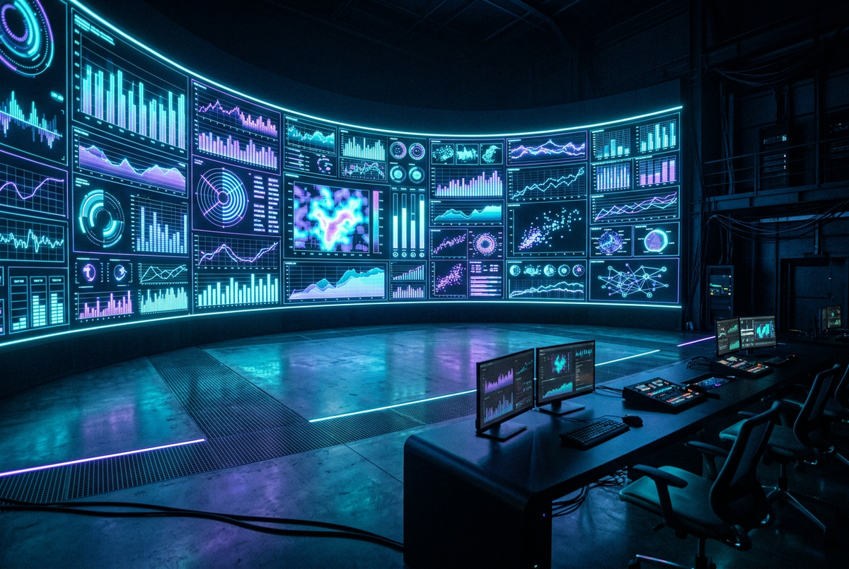 Curved wall of glowing stat dashboards in a dark esports control room