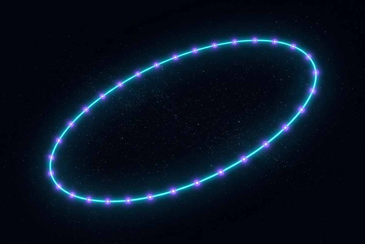 Abstract neon cyan and violet looping orbit on a dark obsidian background