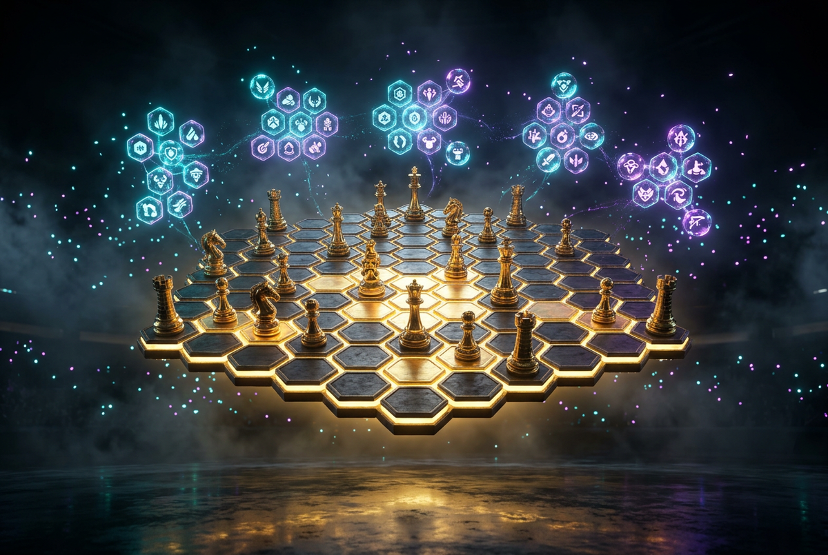 Floating hex board with golden chess pieces and glowing trait crystals
