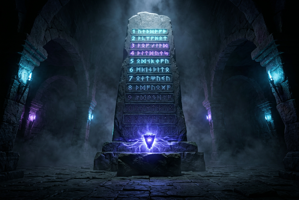 Fantasy leaderboard monolith of glowing runes with a keystone at its base