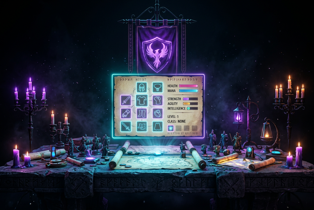 Fantasy war table with a glowing character sheet, gear slots and a guild banner